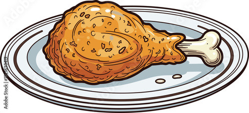 Crispy Fried Chicken Leg on Plate Ready to Eat, Delicious Meal for Dinner, Representing Fast Food Restaurants & Comfort Food, Culinary Arts Illustration for Menu Design & Advertising Materials, Tradit