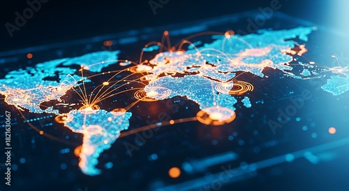 Global network connections visualized across world map, showing worldwide communication and data transfer in stunning detail for modern business