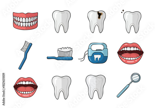 Dental Health Icons Set Teeth, Brush, Floss, and Mouth Illustrations