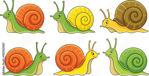 Cute colorful cartoon snails with different shell patterns, happy expressive characters perfect for children’s designs, stickers, educational materials, and illustrations