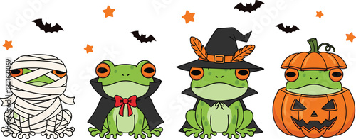Cute Halloween frogs dressed as mummy, vampire, witch, and pumpkin, festive cartoon characters perfect for holiday stickers, kids designs, and decorations