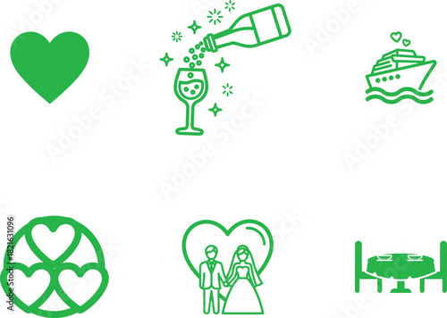 Collection of vibrant green wedding icons representing love celebration and honeymoon romance set against a clean white backdrop portraying happiness joy and commitment