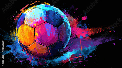 An artistic soccer ball bursting with vibrant colors, capturing the energy and spirit of the game