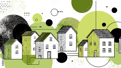 Abstract green neighborhood illustration with modern houses and geometric shapes representing sustainable community design.