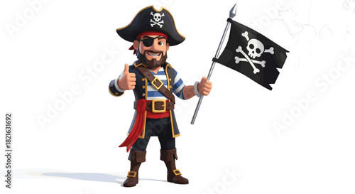 Cartoon Pirate Celebrating Victory on a Treasure Island, Holding Jolly Roger Flag with Skull and Crossbones, Thumbs Up for Adventure and Success. For Children's Illustration, Maritime History, Fantasy