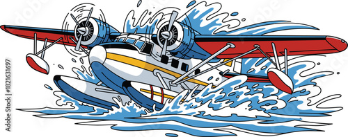 Cartoon Seaplane Splashing Across Water Surface - Colorful Twin-Engine Floatplane Illustration Navigating Rough Seas with Stylized Waves for Aviation-Themed Design & Nautical Advertising, Offering Ret