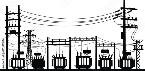 Electric power substation silhouettes with transformers, high voltage lines, poles, and transmission towers vector illustration.