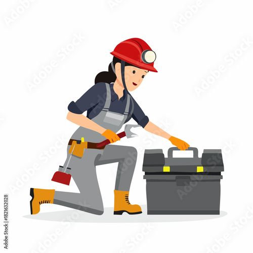 Female construction worker kneeling and opening toolbox on white backdrop, ready for repair work with a determined and professional attitude.