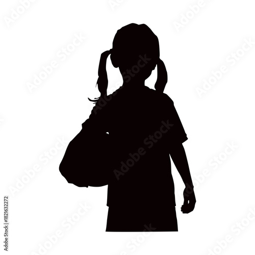 Silhouette of a young girl with ponytails carrying a bag on white