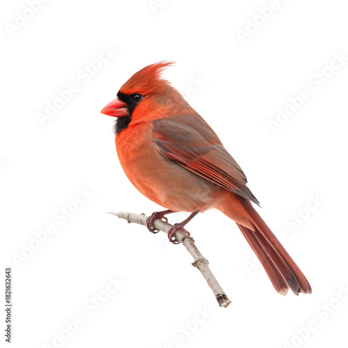 Vibrant Red Cardinal Perched on a Twig Against a White Background