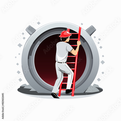 Man in hardhat climbing red ladder into industrial hatchway, showcasing skilled worker entering confined space with safety gear in place.