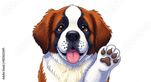 Adorable Cartoon Saint Bernard Puppy Waving Paw on White Background: Cheerful Dog Mascot for Greeting Cards, Pet Care, Veterinary Clinics, Children's Books, and Animal Lovers, Promoting Joy, Loyalty,