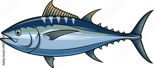 Detailed Tuna Illustration Swimming in Open Water: Seafood Icon for Marine Biology, Oceanic Conservation, and Sustainable Fishing Projects. Graphic of a Fish for Restaurant Menus, Educational Resource