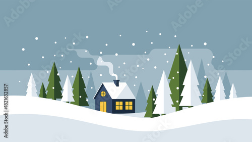 Winter Cabin Retreat Cozy Holiday Home in a Snowy Landscape Illustration