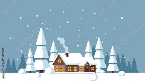 Charming snowy winter landscape with a cozy illuminated house nestled among tall fir trees, enveloped in falling snow and a peaceful evening atmosphere