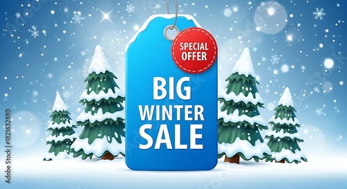 Announce your big winter sale with this festive, eye-catching design featuring snowy trees and a special offer perfect for holiday marketing campaigns