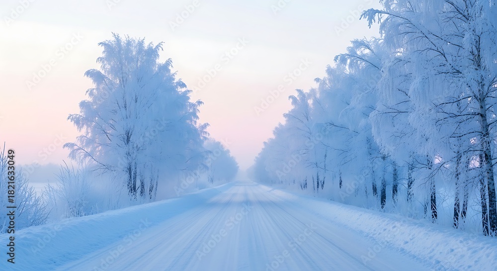 Obraz premium Discover the magic of winter with this snow-covered road leading into a dreamy, frosted forest at dawn, a serene landscape for travel and holiday themes