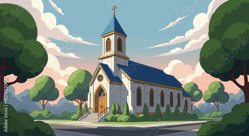 Classic Church Building Standing Majestically in Peaceful Neighborhood at Sunset, Providing Spiritual Guidance and Community Gathering Place for Religious Observance and Faith-Based Activities with Tr
