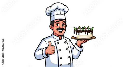 Smiling Chef Presenting a Delectable Cake with Chocolate Drizzle and Fresh Berries, Offering Culinary Excellence in a Modern Restaurant Setting, Ideal for Food Industry Marketing, Gastronomy Promotion