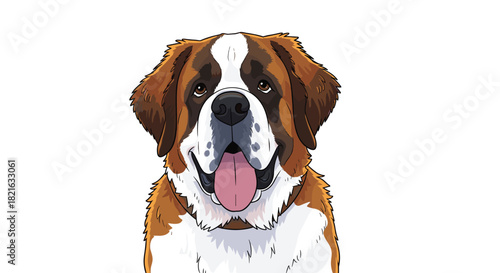 Gentle Cartoon Saint Bernard Dog Portrait Smiling on White Background,  Happy Canine Companion for Pet Lovers, Veterinary Clinic Marketing, Educational Animal Illustration, Ideal for Children's Books