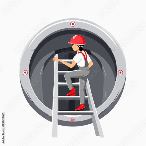 Worker climbs ladder into tunnel entrance wearing hard hat and overalls, showcasing industrial safety and access in a construction setting.