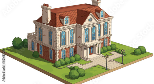 Elegant Mansion Illustration on Green Lawn: A Detailed Isometric Rendering of a Classic Residential Building with Manicured Gardens, Walkways, and Architectural Elements for Real Estate Marketing, Web