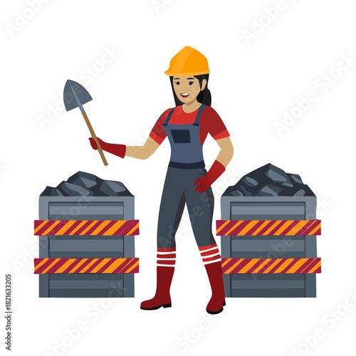 Smiling female miner holding shovel stands proudly near coal carts in a mine, showcasing the hard work and dedication of women in the industry.