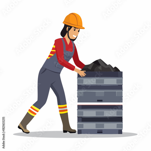 Smiling female coal miner pushing heavy stack of coal containers in a mine, showing determination and hard work in the industrial environment.