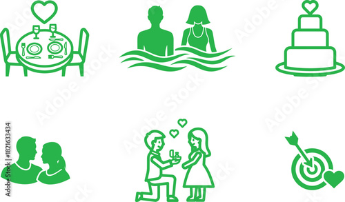 Green Vector Icons Depicting Romance Love and Relationships Featuring a Romantic Dinner Swim Cake Engagement and Lovers Silhouette Against a White Backdrop
