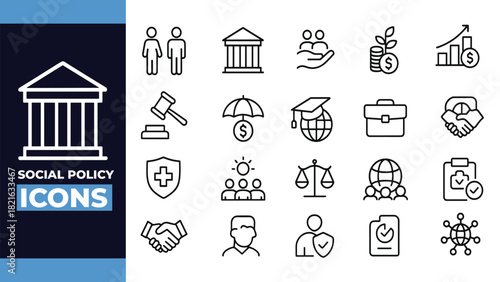 Social Policy and Community Welfare Outline Icons – Government, Rights, Education, and Public Support Vector Set