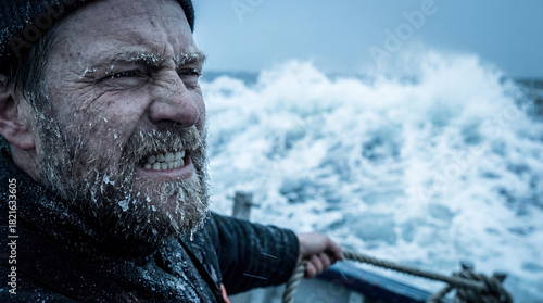 Fototapeta Naklejka Na Ścianę i Meble -  Crab fisherman on boat deck storm icy water danger catch crab pot heavy labor marine industry seafood harvest extreme condition ocean wave cold occupation male struggle vessel north sea