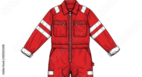 Red Industrial Coverall Uniform Laying Flat: Protective Workwear for Construction and Manufacturing, Detailed Vector Illustration for Safety Equipment Catalogs and Technical Drawings, Symbolizes Safet