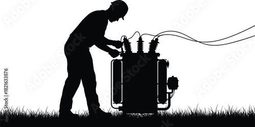 Electrician Engineer Working on High Voltage Power Transformer Maintenance in Outdoor Substation Silhouette Vector