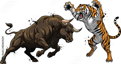 Roaring Tiger Confronting Charging Bull Illustration in Dynamic Stance, Powerful Wildlife Combat on White Backdrop for Business Finance Metaphor and Investment Strategy, Fierce Animal Rivalry, Aggress