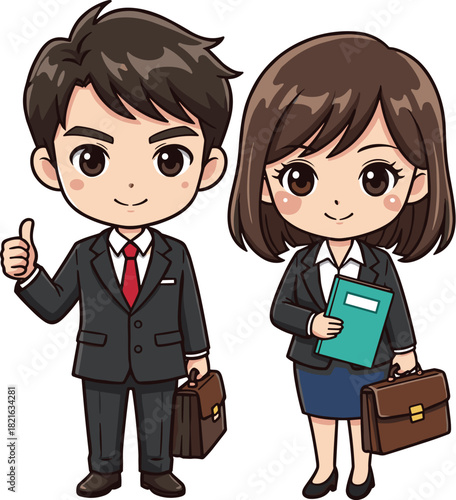 Professional Young Business Team Ready for Success: Two Cartoon Chibi Characters in Suits with Briefcases, Smiling and Giving a Thumbs Up on White Background for Corporate Presentation or Marketing Il