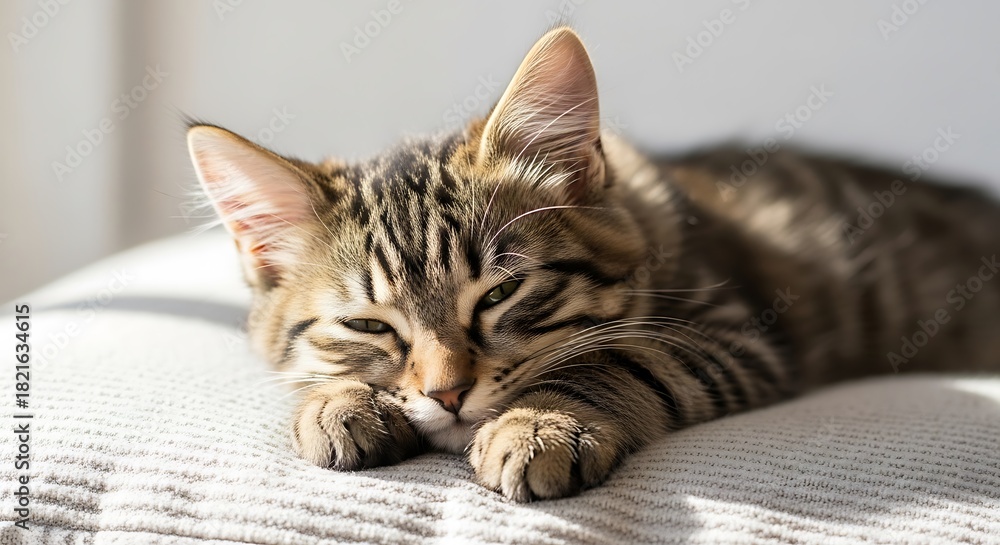 Naklejka premium Adorable tabby cat relaxing peacefully on a soft striped bed close up