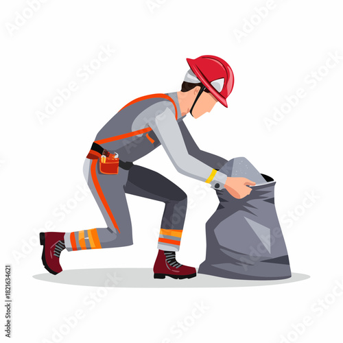Construction worker kneeling and reaching into a large gray bag on a construction site wearing safety gear, symbolizing hard work and dedication.