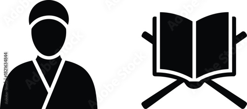 Black silhouette of a person in traditional attire and an open book on a stand