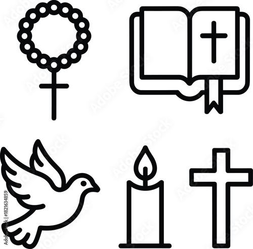 Christian symbols including rosary bible dove candle and cross