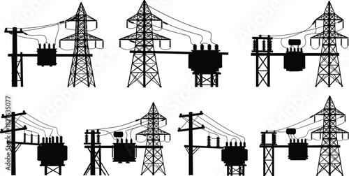 High Voltage Power Substation Silhouettes: Collection of Transmission Towers, Utility Poles, and Transformers Vector Set