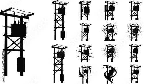 High voltage electrical transformer tower silhouettes with power lines, utility structures, industrial energy distribution elements, and grid infrastructure vector illustration.