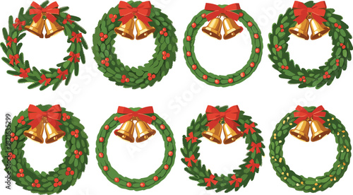 Eight Christmas wreaths with bells and bows holiday