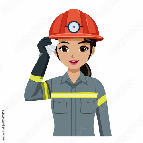 Female miner wiping sweat from her brow in underground mine after hard work, showcasing determination and resilience.