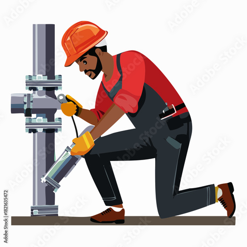 Construction worker sealing pipes in industrial setting with sealant gun, wearing hard hat and overalls, showcasing skilled labor and precision, demonstrating professionalism.