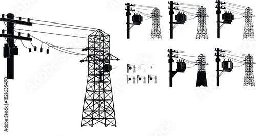 High Voltage Power Transmission Line Electrical Energy Infrastructure with Transformer on Utility Pole and Truss Tower Vector Illustration