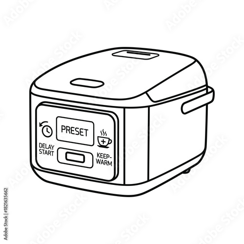 Line drawing illustration of a modern rice cooker with control panel