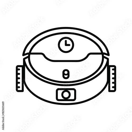 Outline icon of a robotic vacuum cleaner with control button and clock