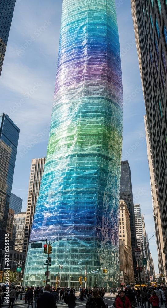 Obraz premium Tall contemporary skyscraper displays vibrant translucent wrapping across its cylindrical facade