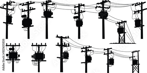 High-detail vector illustration of multiple electrical distribution poles with transformers, power lines, and utility structures arranged in a complex overhead grid network.