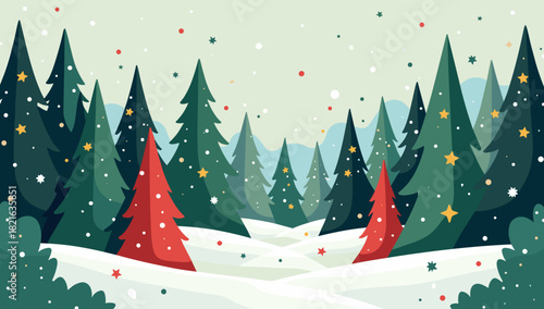 A festive fir tree forest christmas landscape with red trees